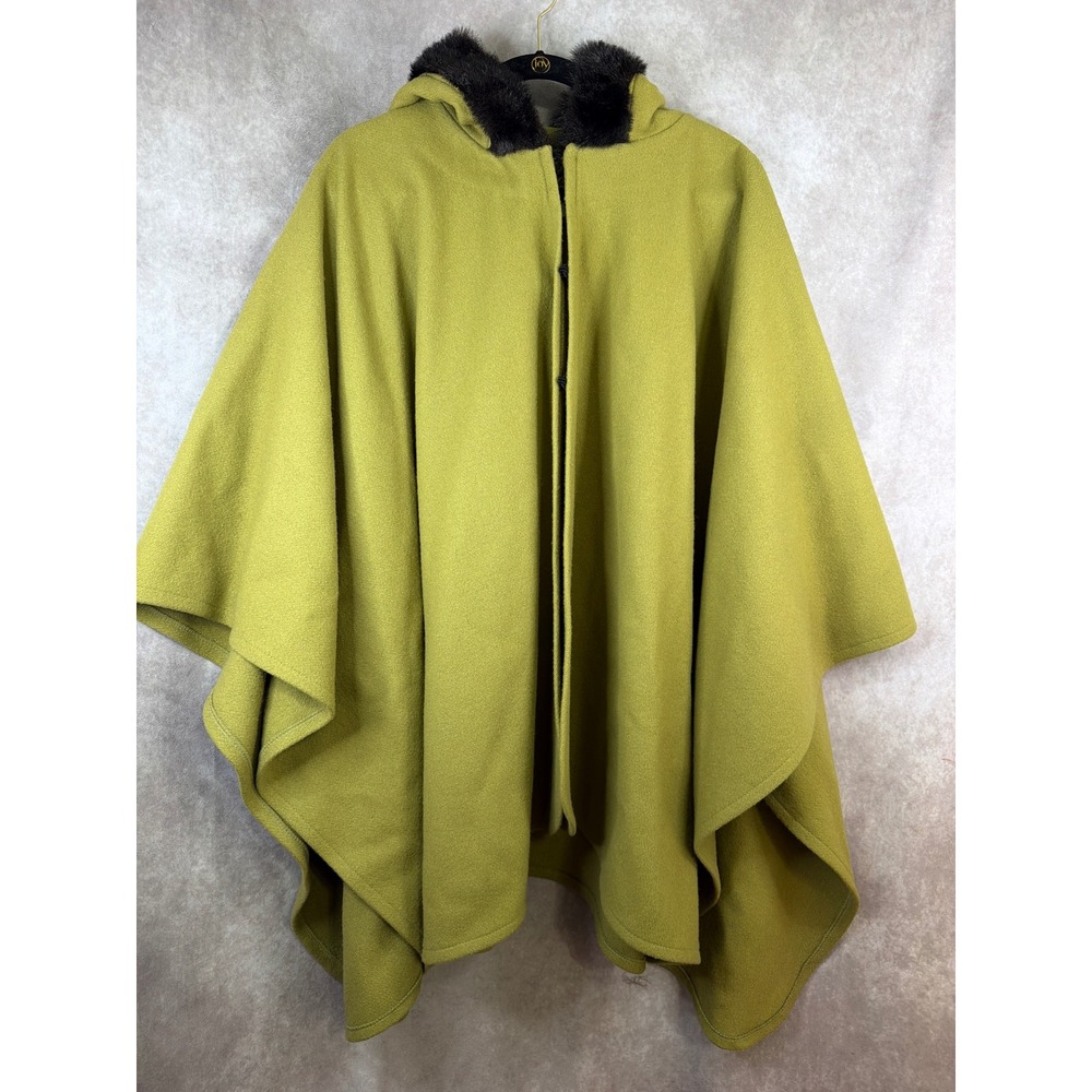 VTG TravelSmith Cape Womens Plus 1 Size Avocado Green Wool Blend Faux Fur Hooded